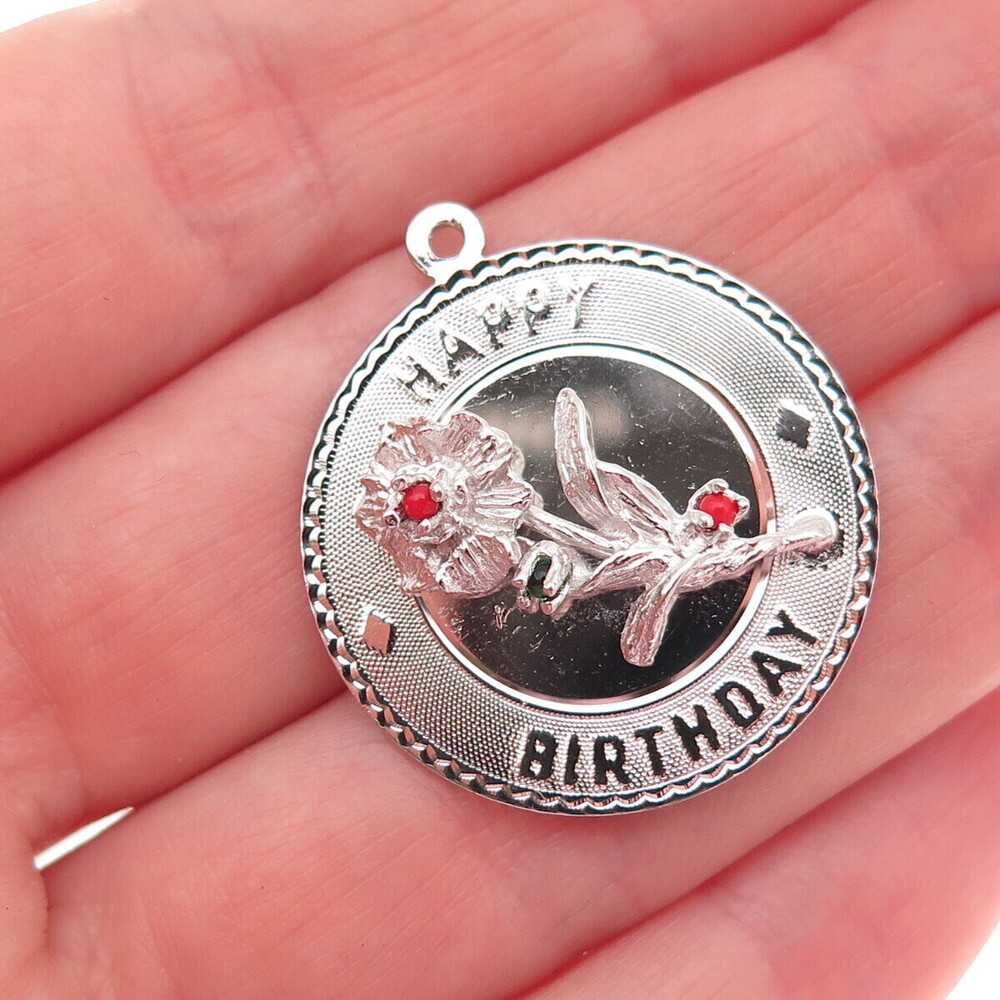 Elco 925 Sterling Silver Vintage Rhinestone Happy Birthday Flower Charm Pendant